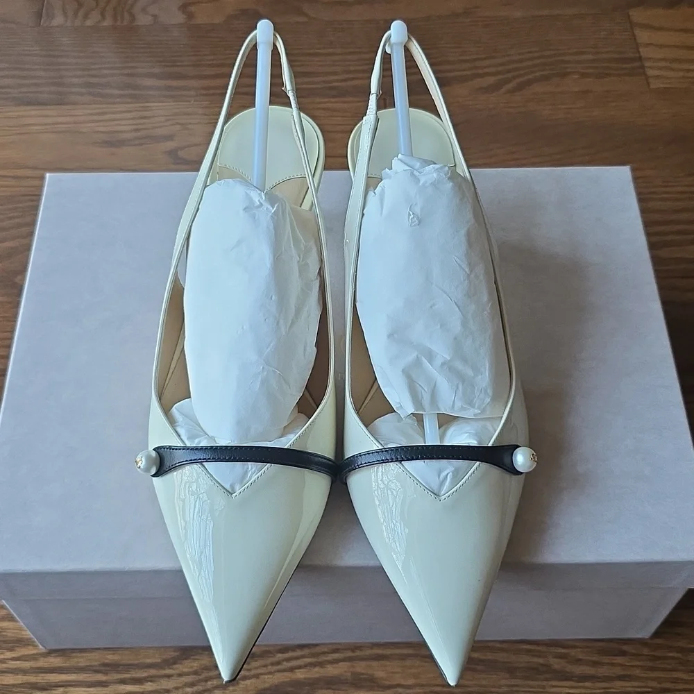 Jimmy Choo Ivory Slingback Pump with Black Strap and Pearl Accent - Picture 1 of 4